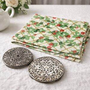 Sterling silver trivet Webster Tea Pot strawbery vintage napkins cottagecore